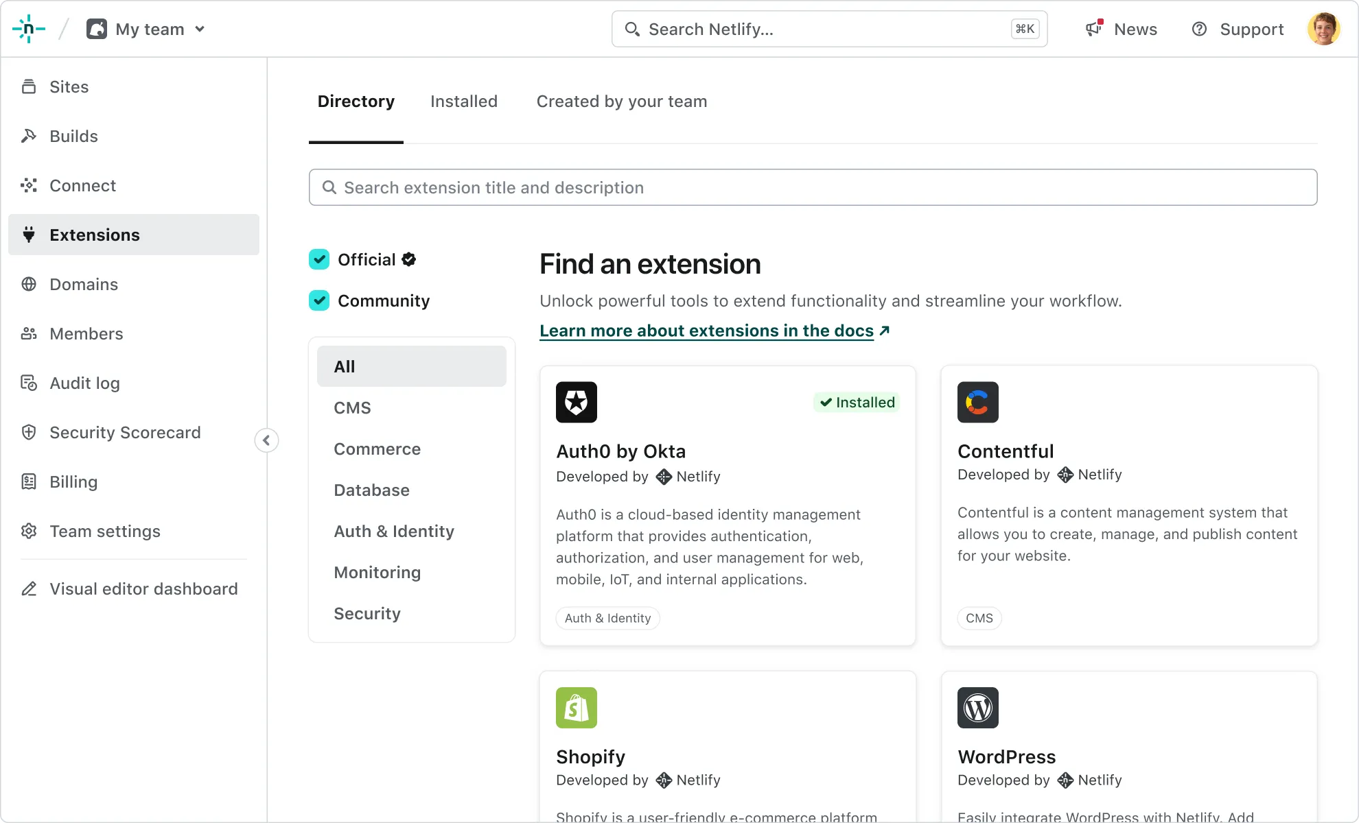 The extensions directory in the Netlify UI.