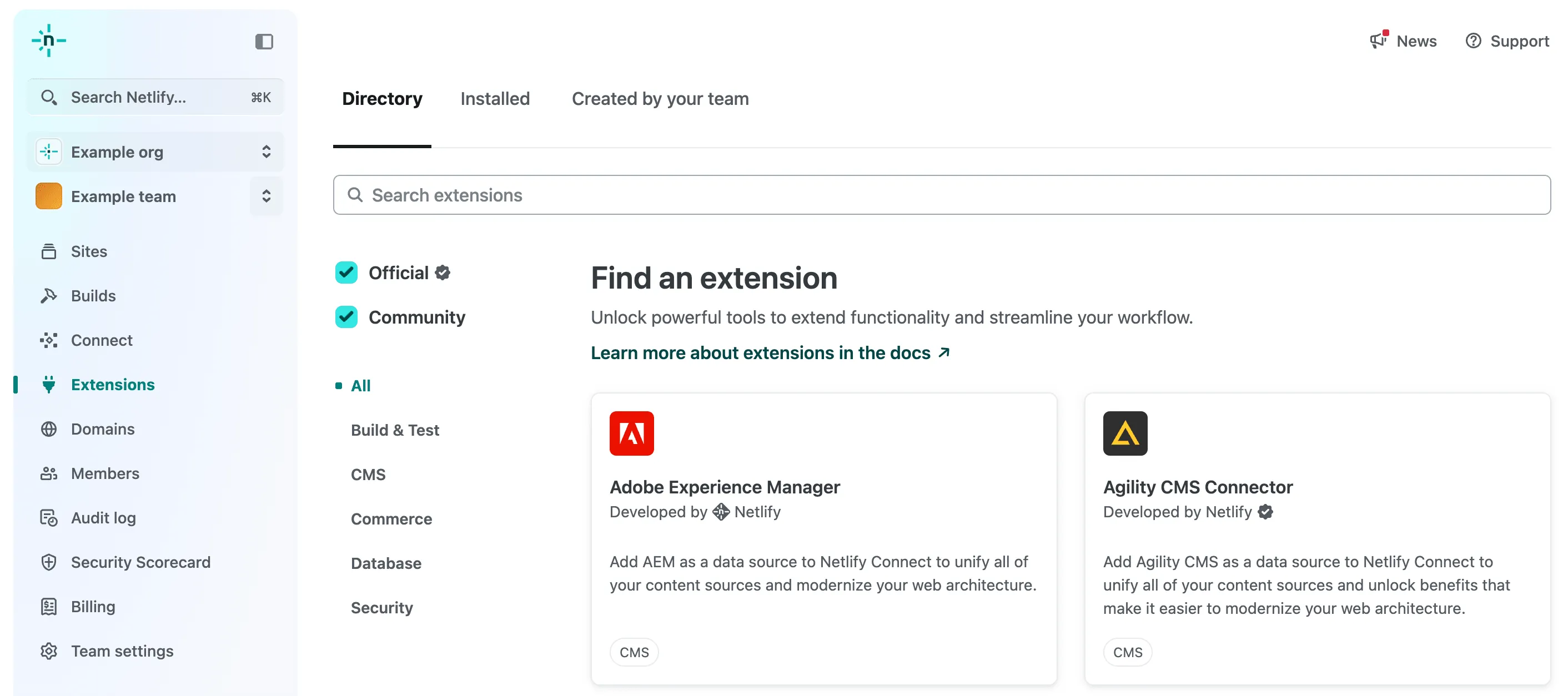 The extensions directory in the Netlify UI.