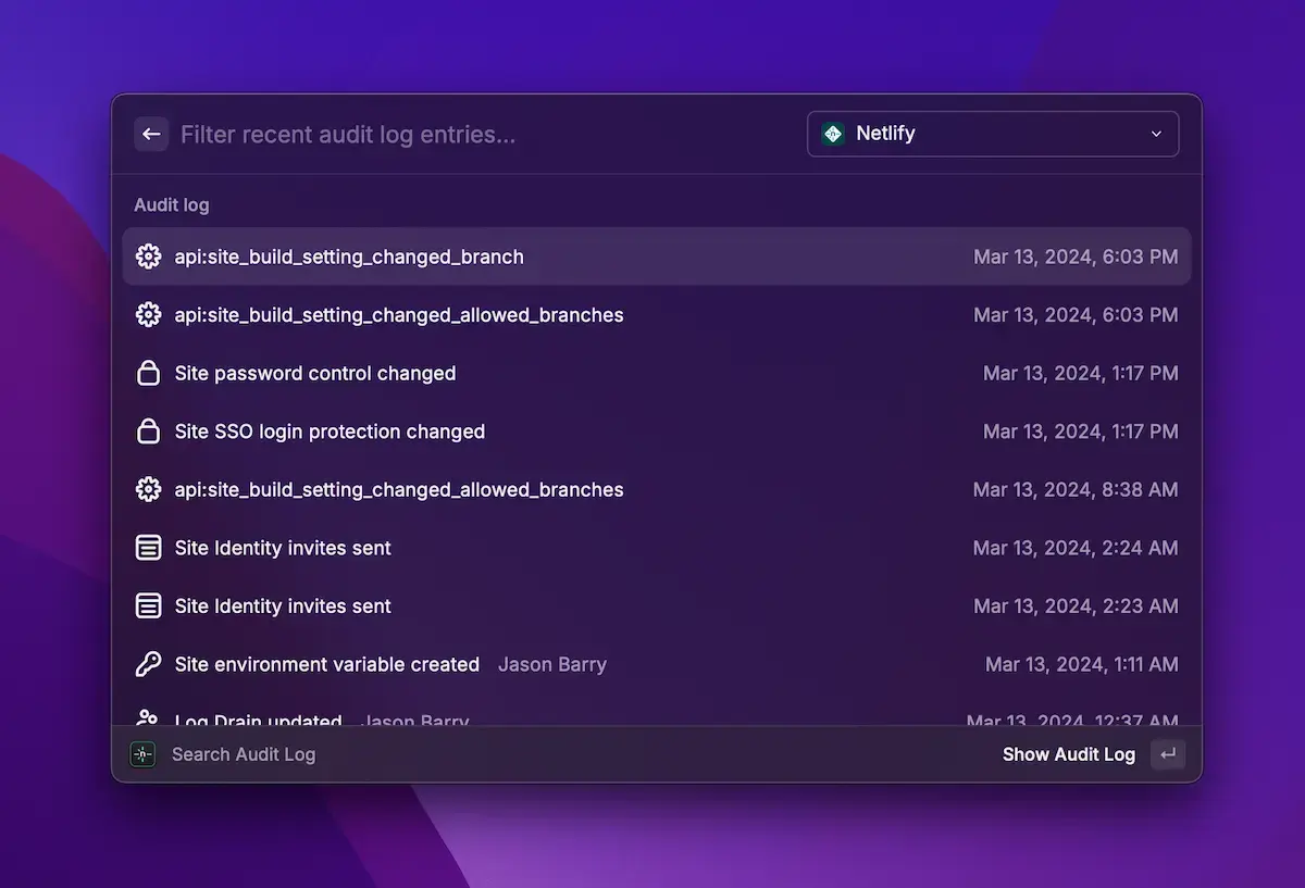 Netlify Raycast - audit logs