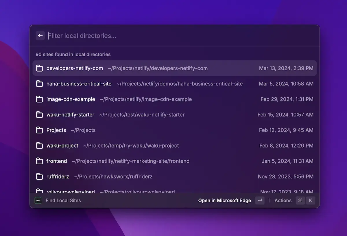 Netlify Raycast - local projects