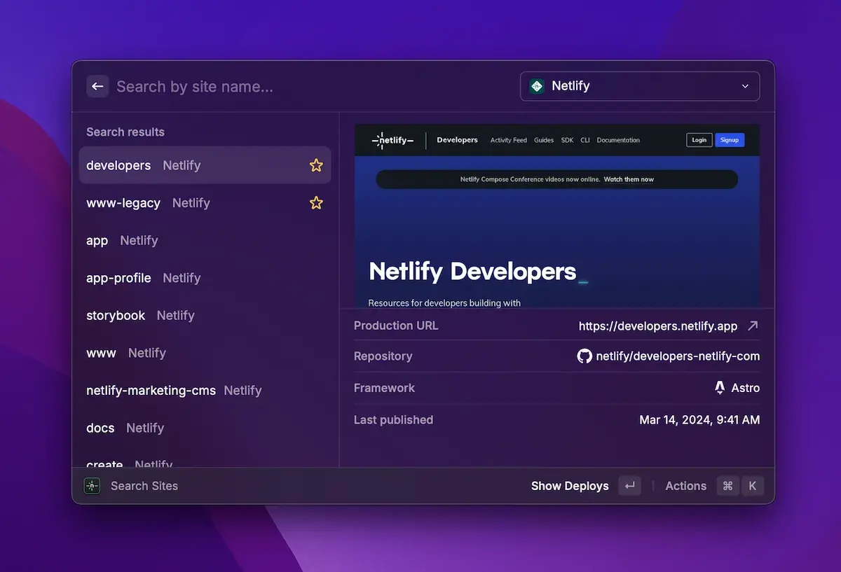 Netlify Raycast - search sites