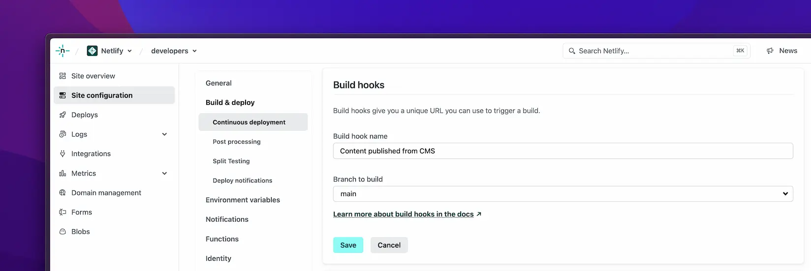 Build hook settings
