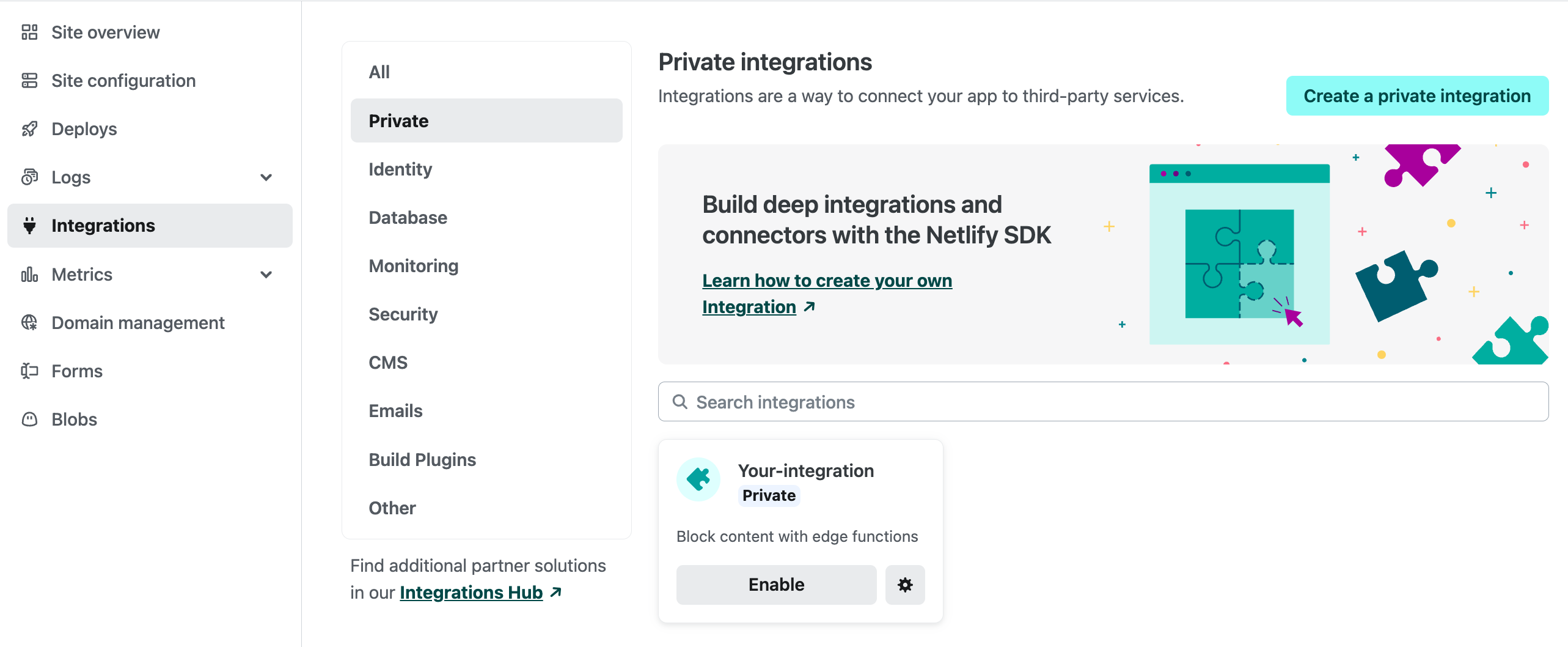 Enable your integration by selecting 'enable' on the integration card in the Netlify UI