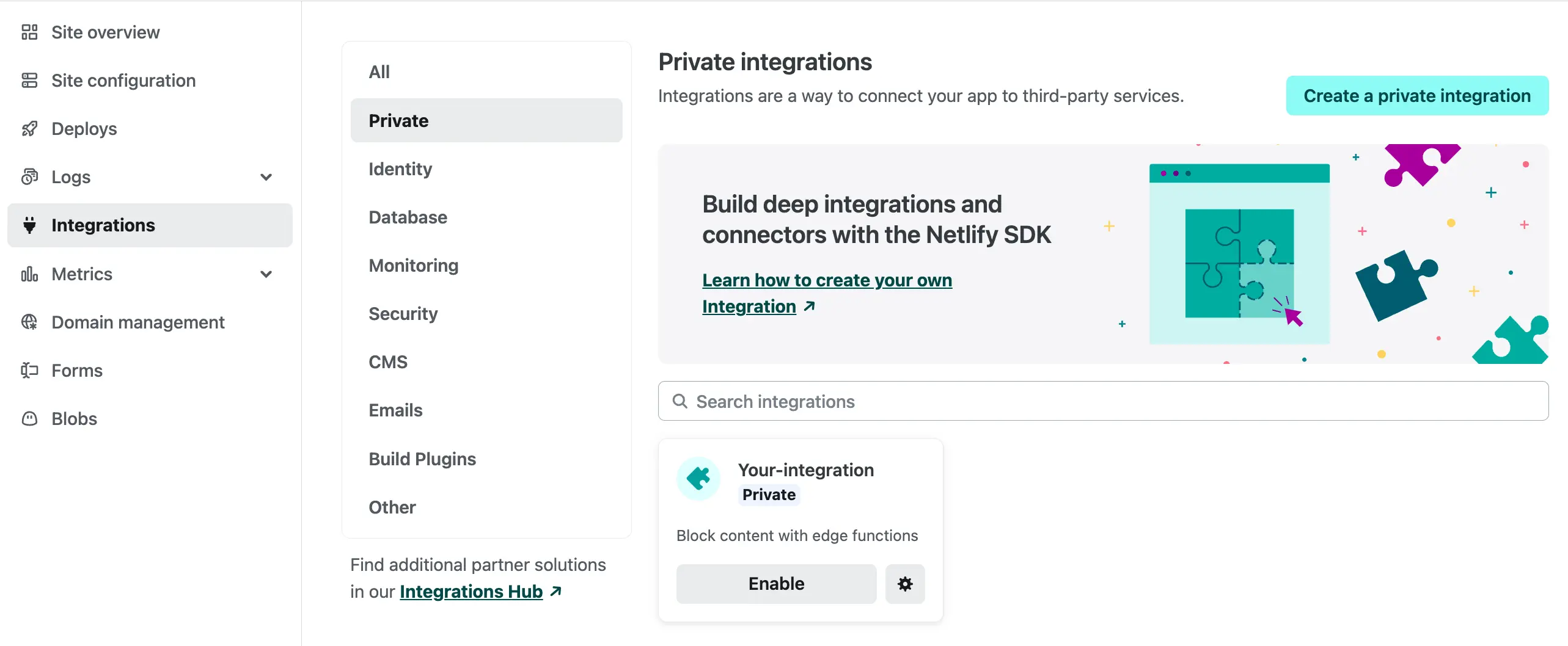 Enable your integration by selecting 'enable' on the integration card in the Netlify UI