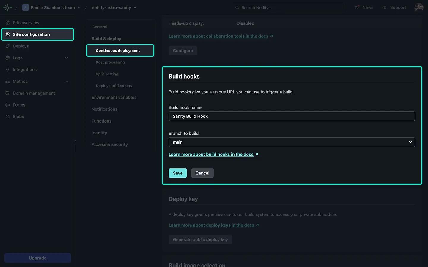 Netlify build hook config