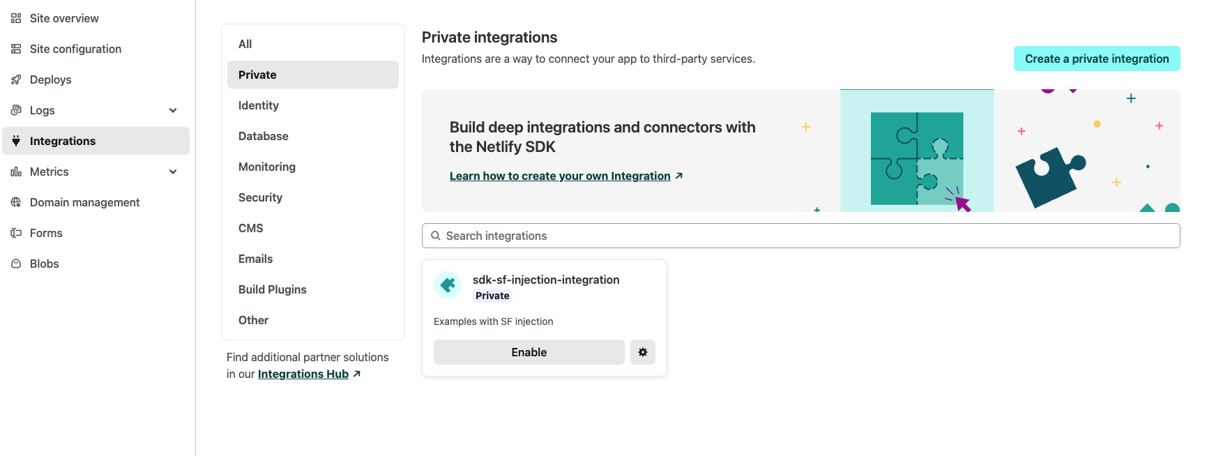 Enable your integration by selecting 'enable' on the integration card in the Netlify UI