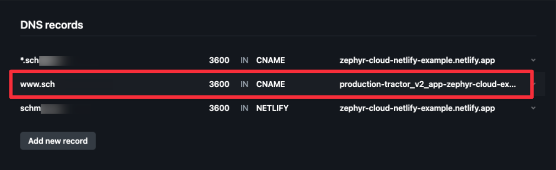 Replace www record with CNAME pointing to production