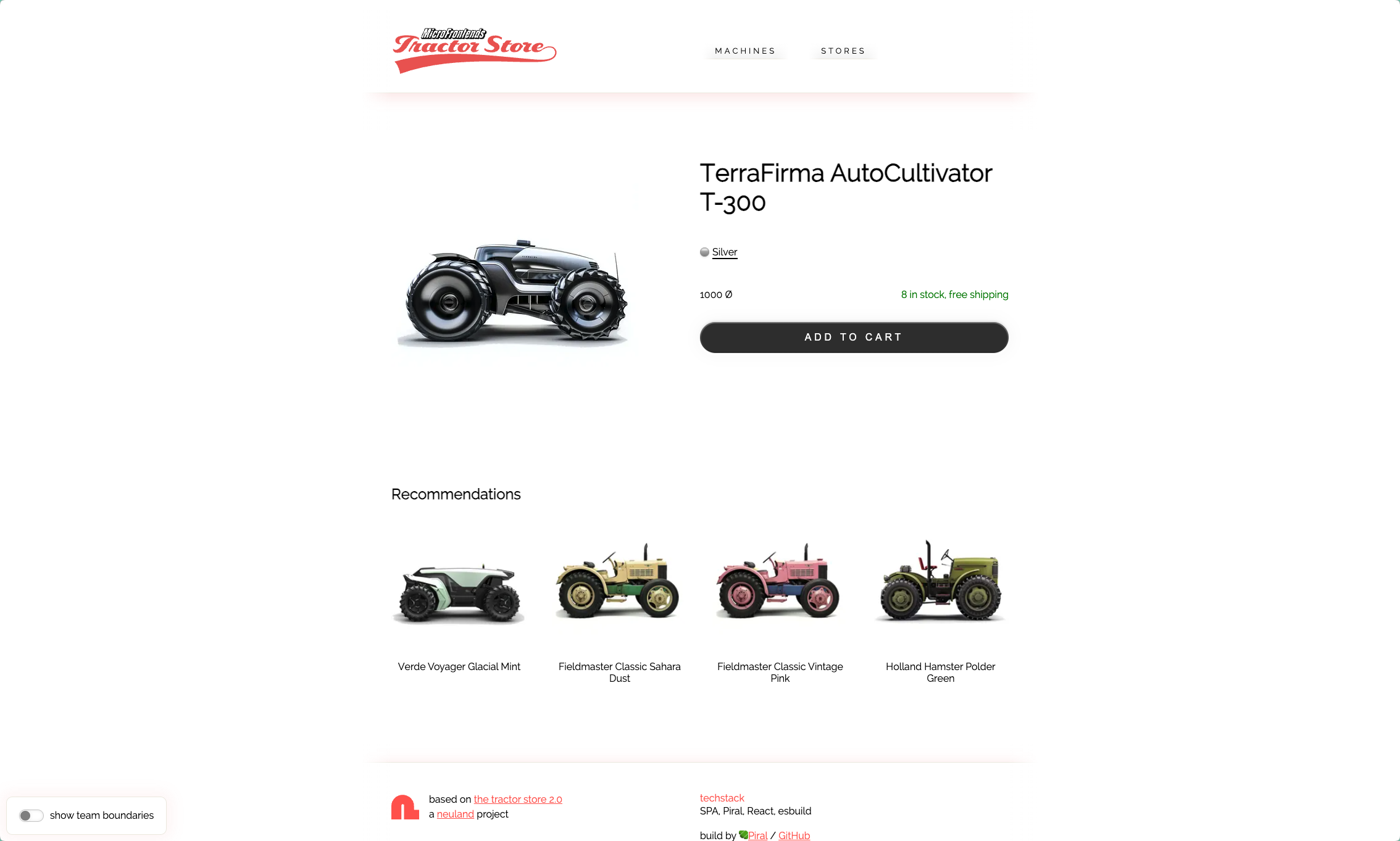 Tractor store example application detail page