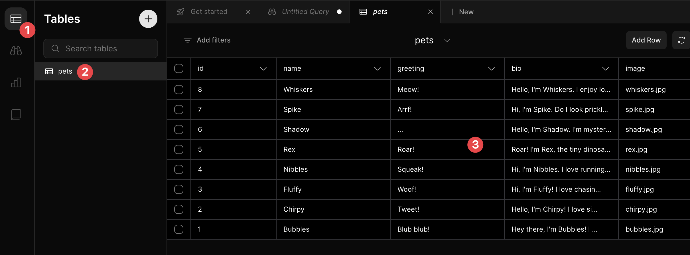 Preview data in pets table