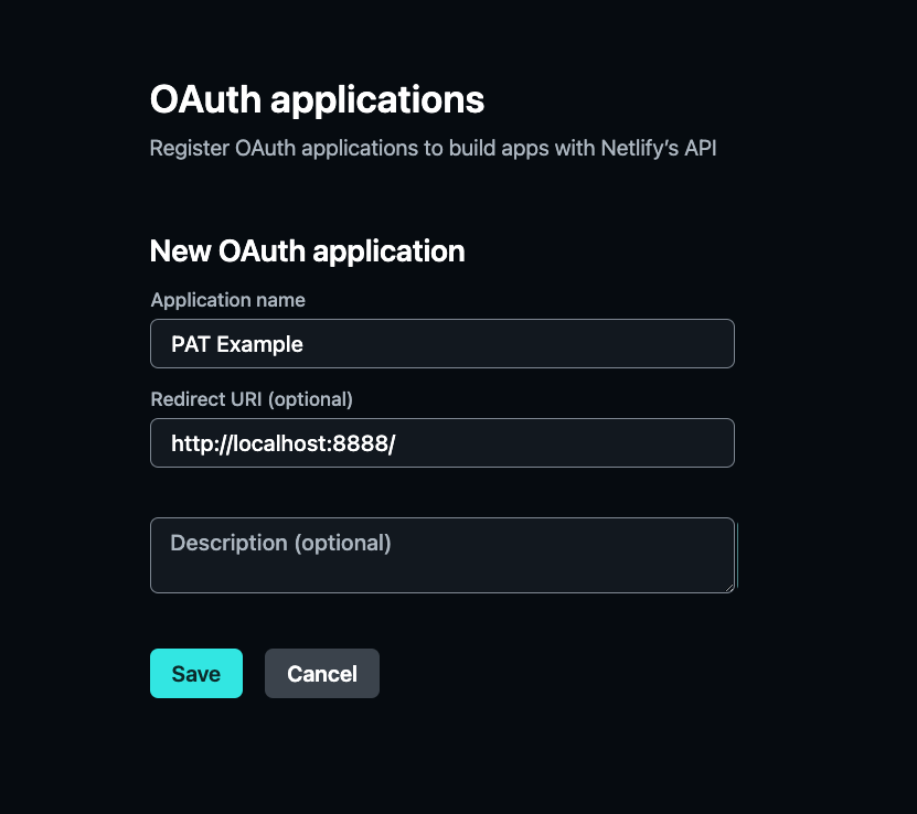 The form presented when creating a new OAuth application in the Netlify settings