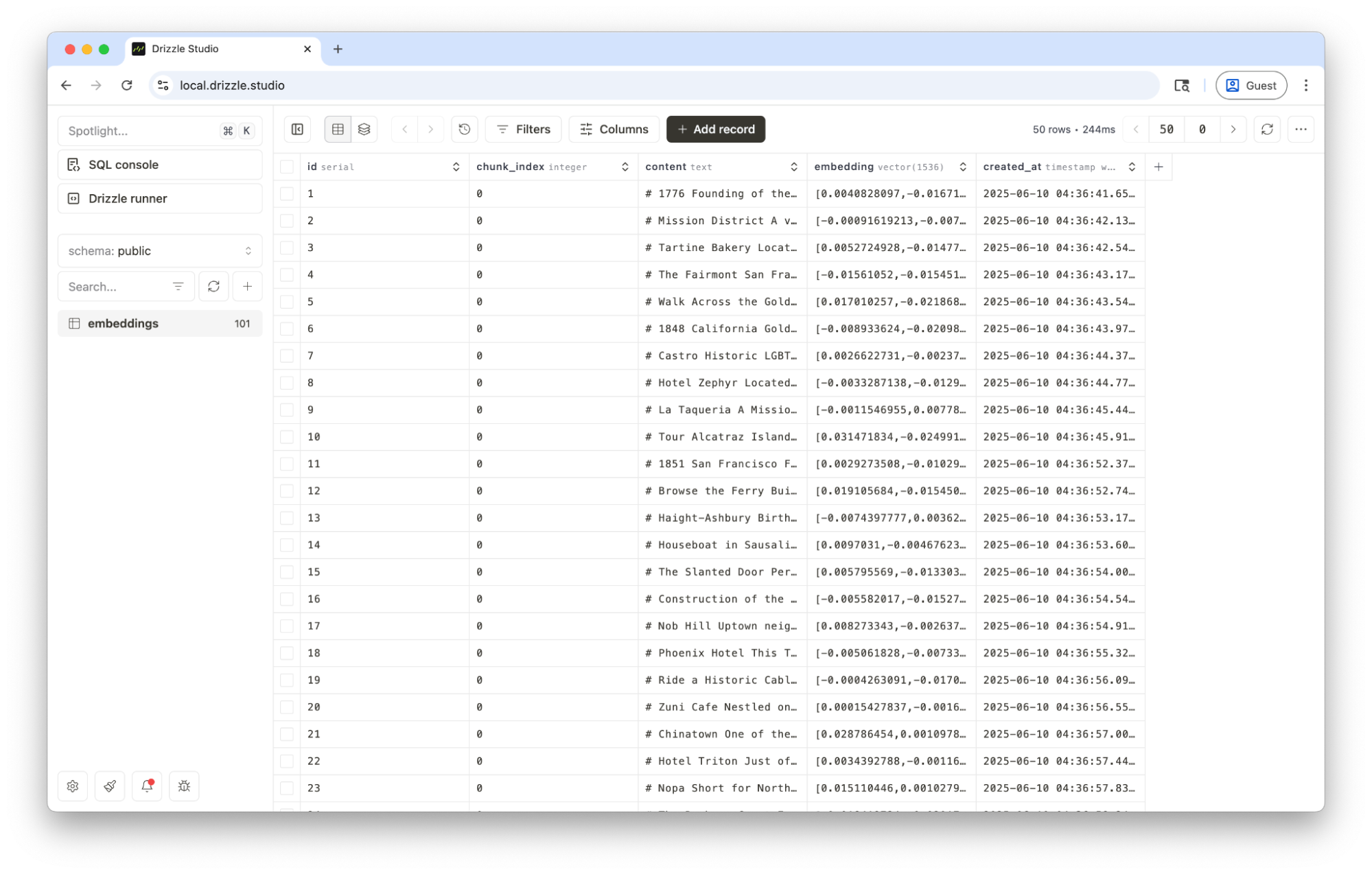 Preview of the data imported into the database